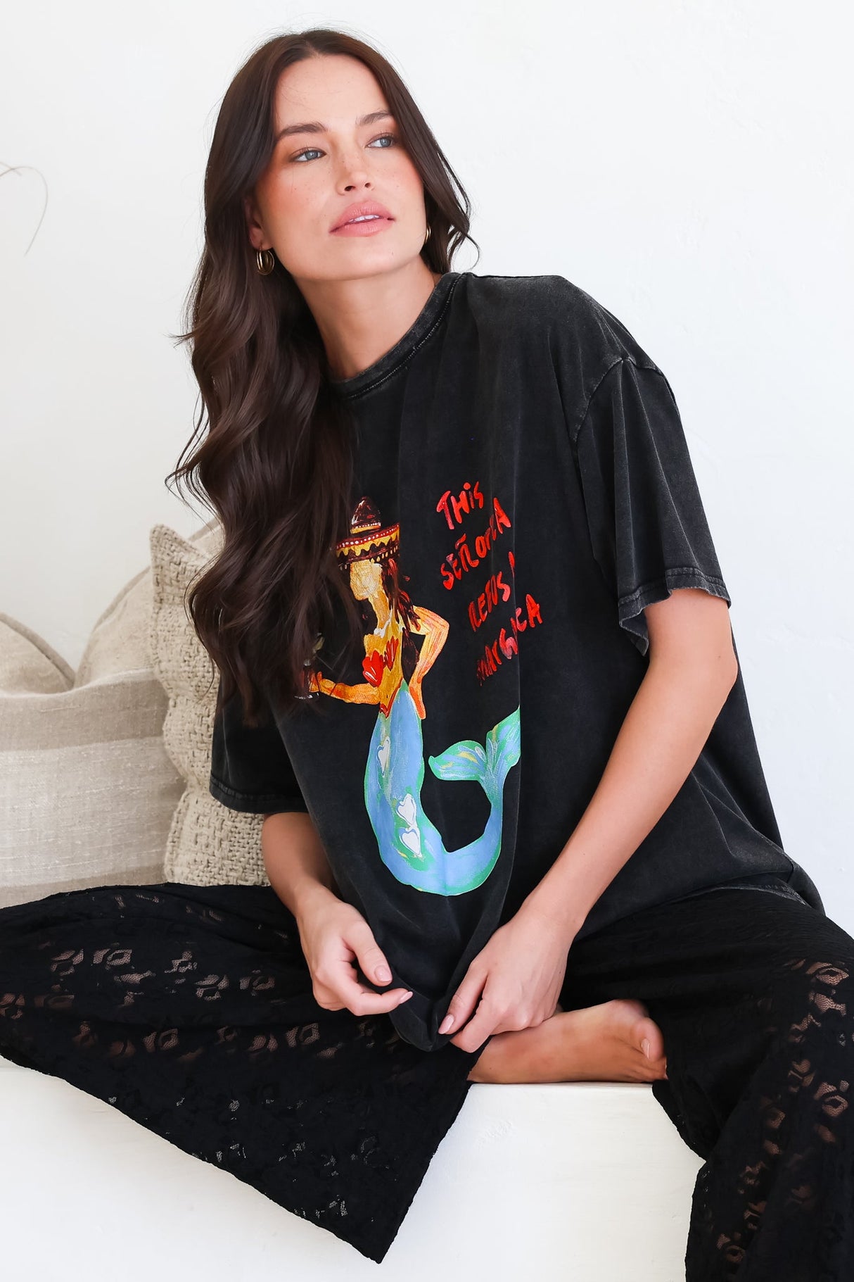 Senorita Margarita Tee - Crew Neck Oversized Graphic Tee in Black Acid Wash