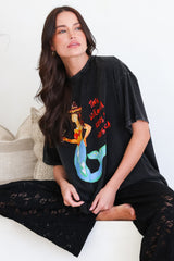 Senorita Margarita Tee - Crew Neck Oversized Graphic Tee in Black Acid Wash