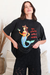 Senorita Margarita Tee - Crew Neck Oversized Graphic Tee in Black Acid Wash