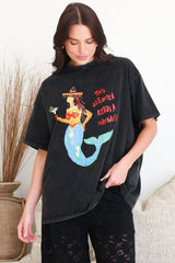 Senorita Margarita Tee - Crew Neck Oversized Graphic Tee in Black Acid Wash