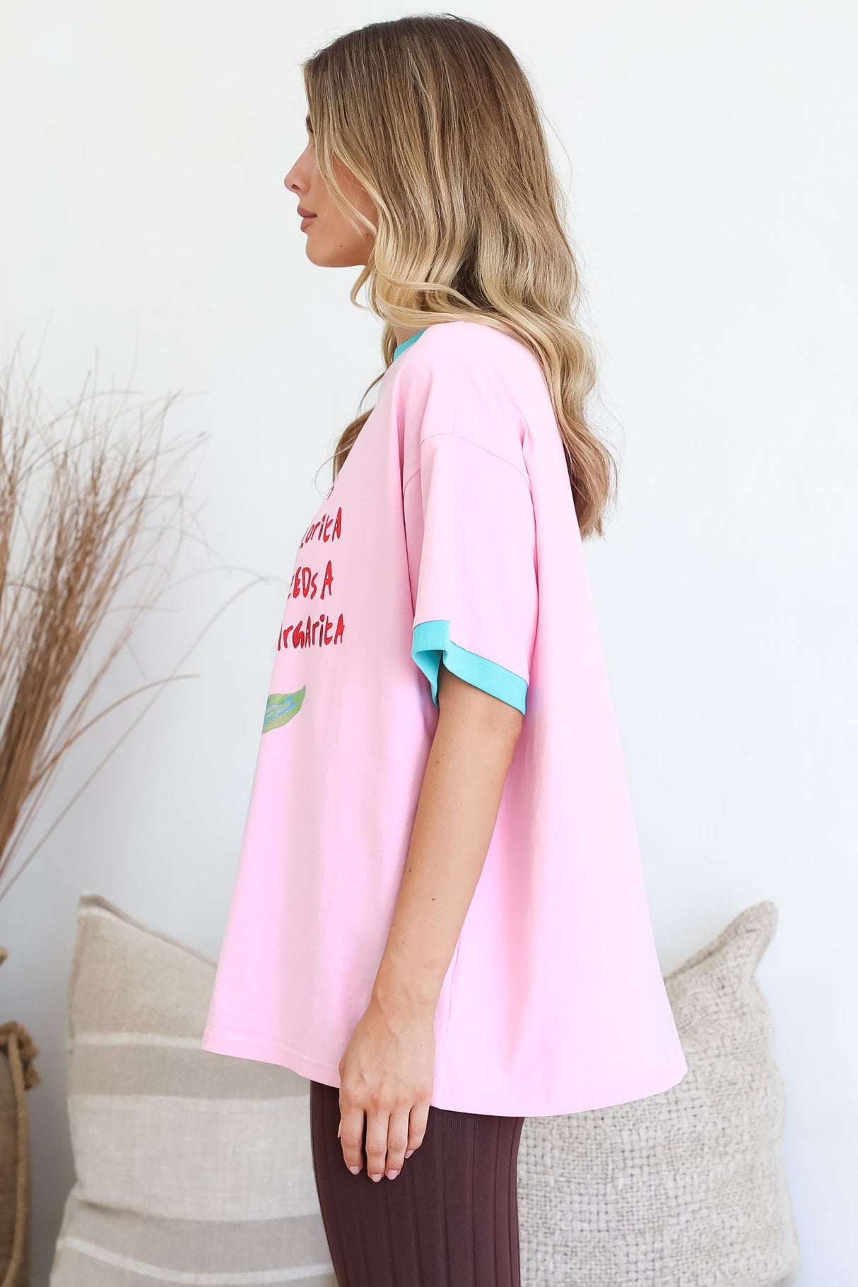 Senorita Margarita Tee - Crew Neck Oversized Graphic Tee in Pink
