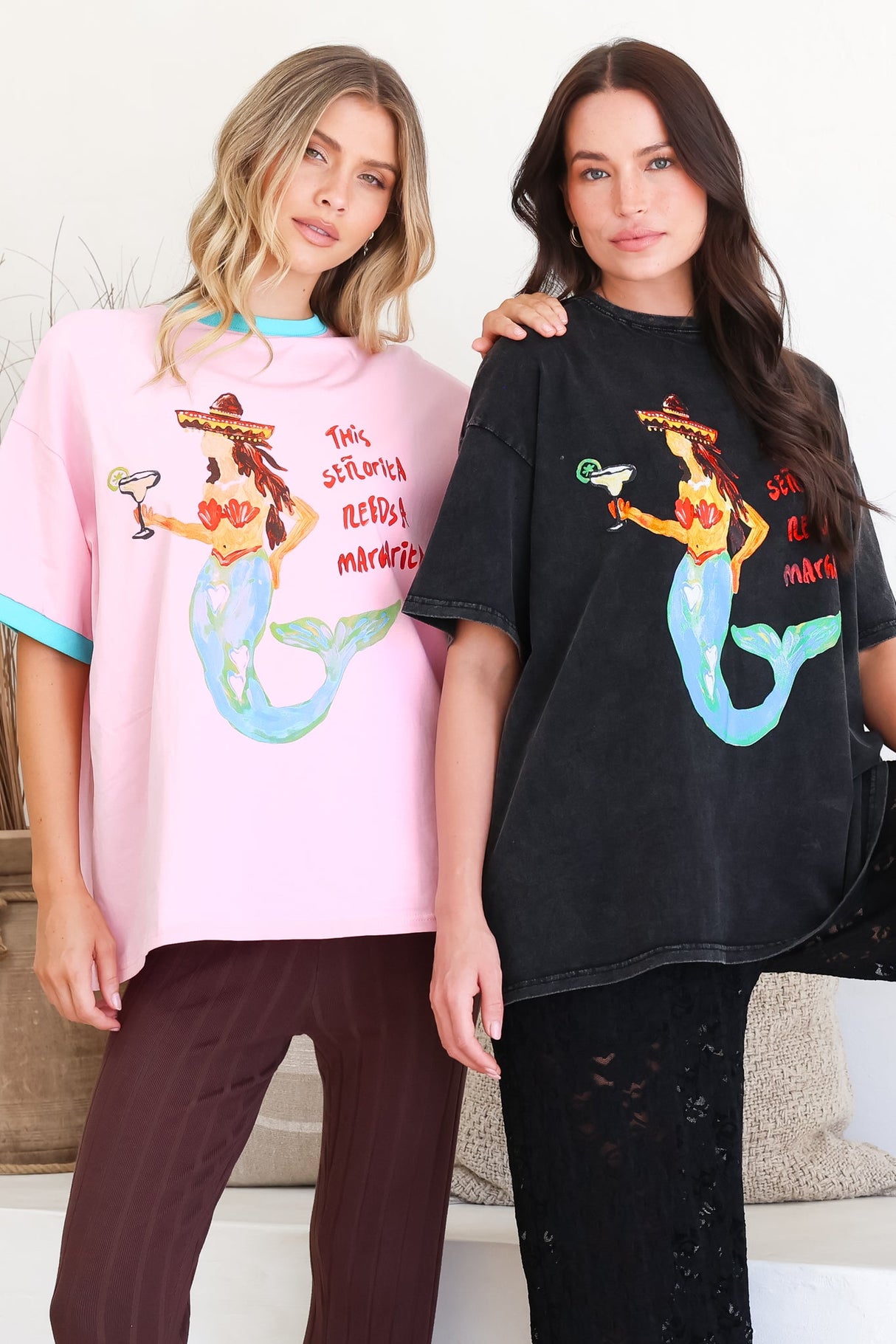 Senorita Margarita Tee - Crew Neck Oversized Graphic Tee in Pink