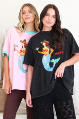 Senorita Margarita Tee - Crew Neck Oversized Graphic Tee in Black Acid Wash