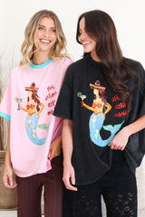 Senorita Margarita Tee - Crew Neck Oversized Graphic Tee in Black Acid Wash