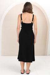 Seraphina Midi Dress - Linen Blend Sun Dress with Rope Detailed Underbust in Black