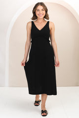 Seraphina Midi Dress - Linen Blend Sun Dress with Rope Detailed Underbust in Black