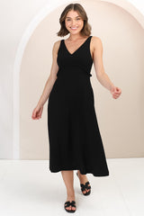 Seraphina Midi Dress - Linen Blend Sun Dress with Rope Detailed Underbust in Black