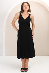 Seraphina Midi Dress - Linen Blend Sun Dress with Rope Detailed Underbust in Black