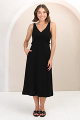 Seraphina Midi Dress - Linen Blend Sun Dress with Rope Detailed Underbust in Black