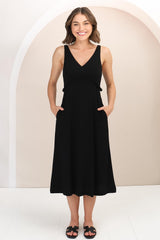 Seraphina Midi Dress - Linen Blend Sun Dress with Rope Detailed Underbust in Black