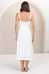 Seraphina Midi Dress - Linen Blend Sun Dress with Rope Detailed Underbust in White