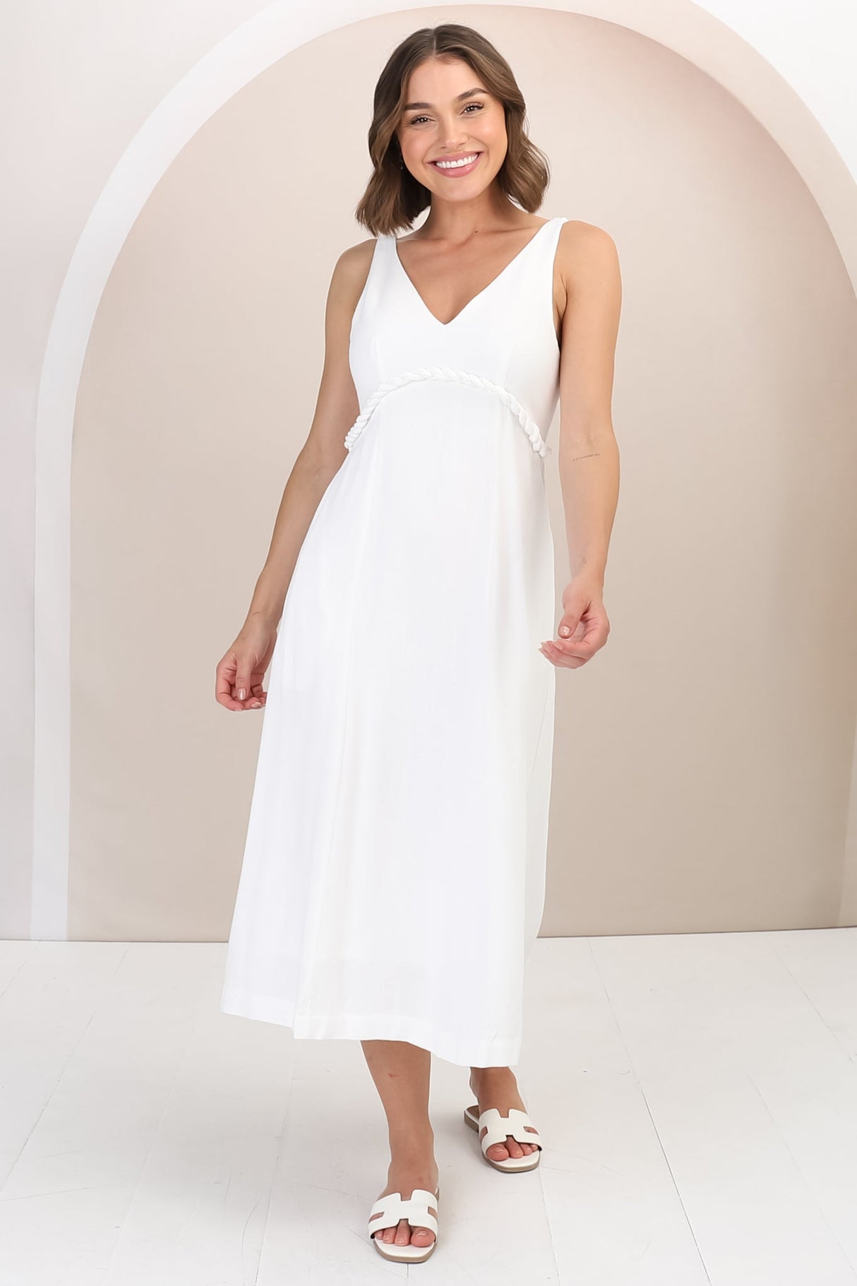 Seraphina Midi Dress - Linen Blend Sun Dress with Rope Detailed Underbust in White