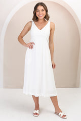 Seraphina Midi Dress - Linen Blend Sun Dress with Rope Detailed Underbust in White