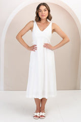 Seraphina Midi Dress - Linen Blend Sun Dress with Rope Detailed Underbust in White