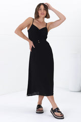 Serena Midi Dress - Pull Tie Bust Sweet Heart Neckline Sun Dress in Black