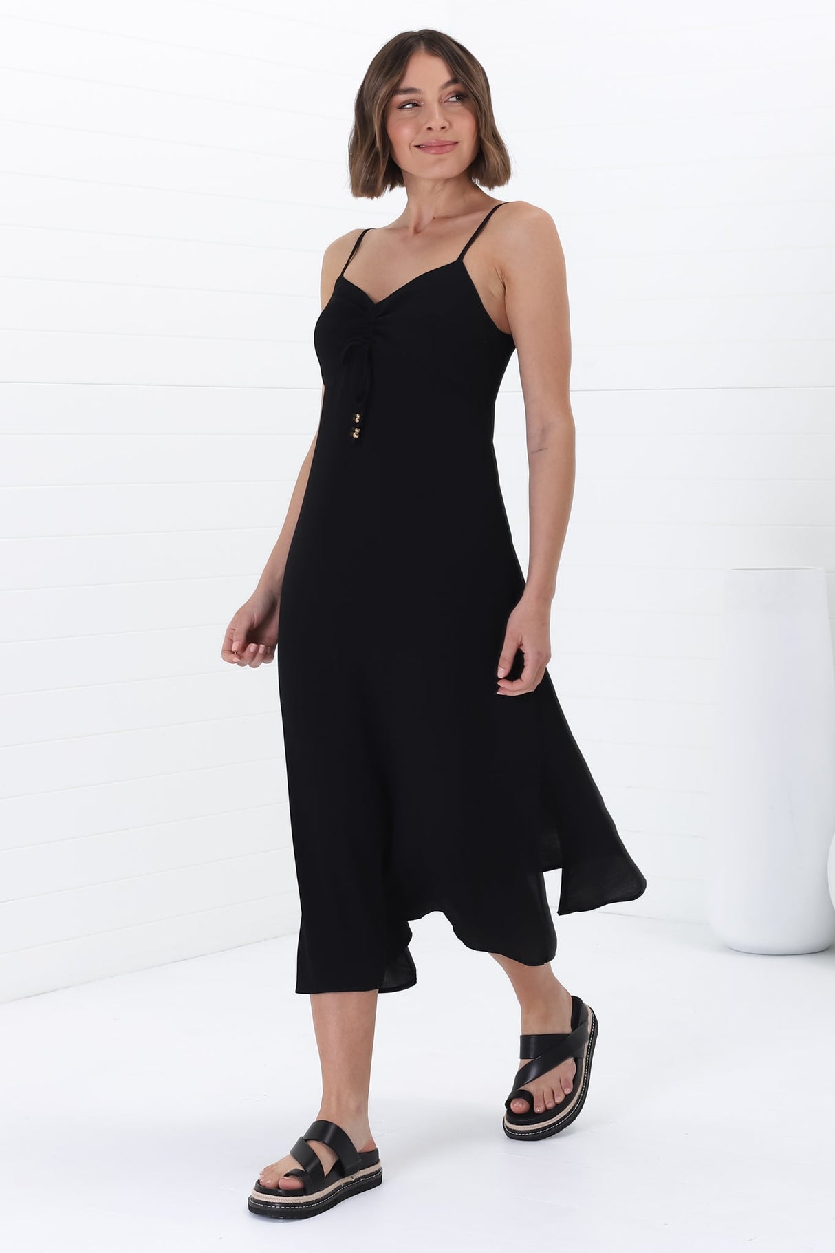 Serena Midi Dress - Pull Tie Bust Sweet Heart Neckline Sun Dress in Black