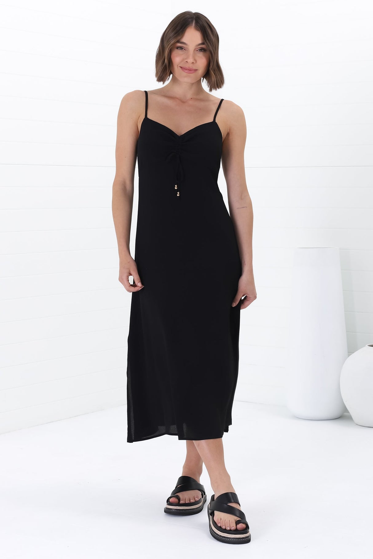 Serena Midi Dress - Pull Tie Bust Sweet Heart Neckline Sun Dress in Black