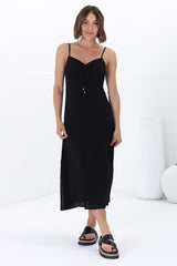 Serena Midi Dress - Pull Tie Bust Sweet Heart Neckline Sun Dress in Black