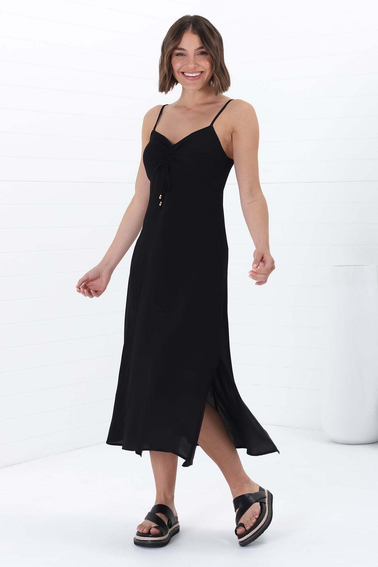 Serena Midi Dress - Pull Tie Bust Sweet Heart Neckline Sun Dress in Black