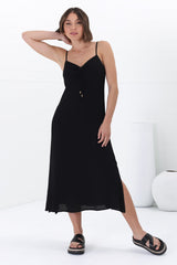 Serena Midi Dress - Pull Tie Bust Sweet Heart Neckline Sun Dress in Black