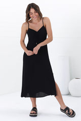 Serena Midi Dress - Pull Tie Bust Sweet Heart Neckline Sun Dress in Black