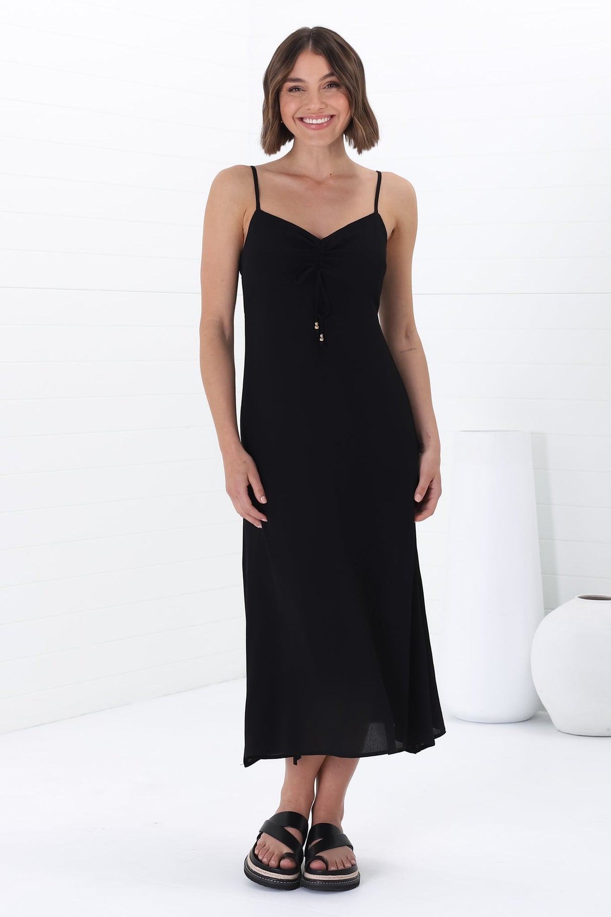 Serena Midi Dress - Pull Tie Bust Sweet Heart Neckline Sun Dress in Black