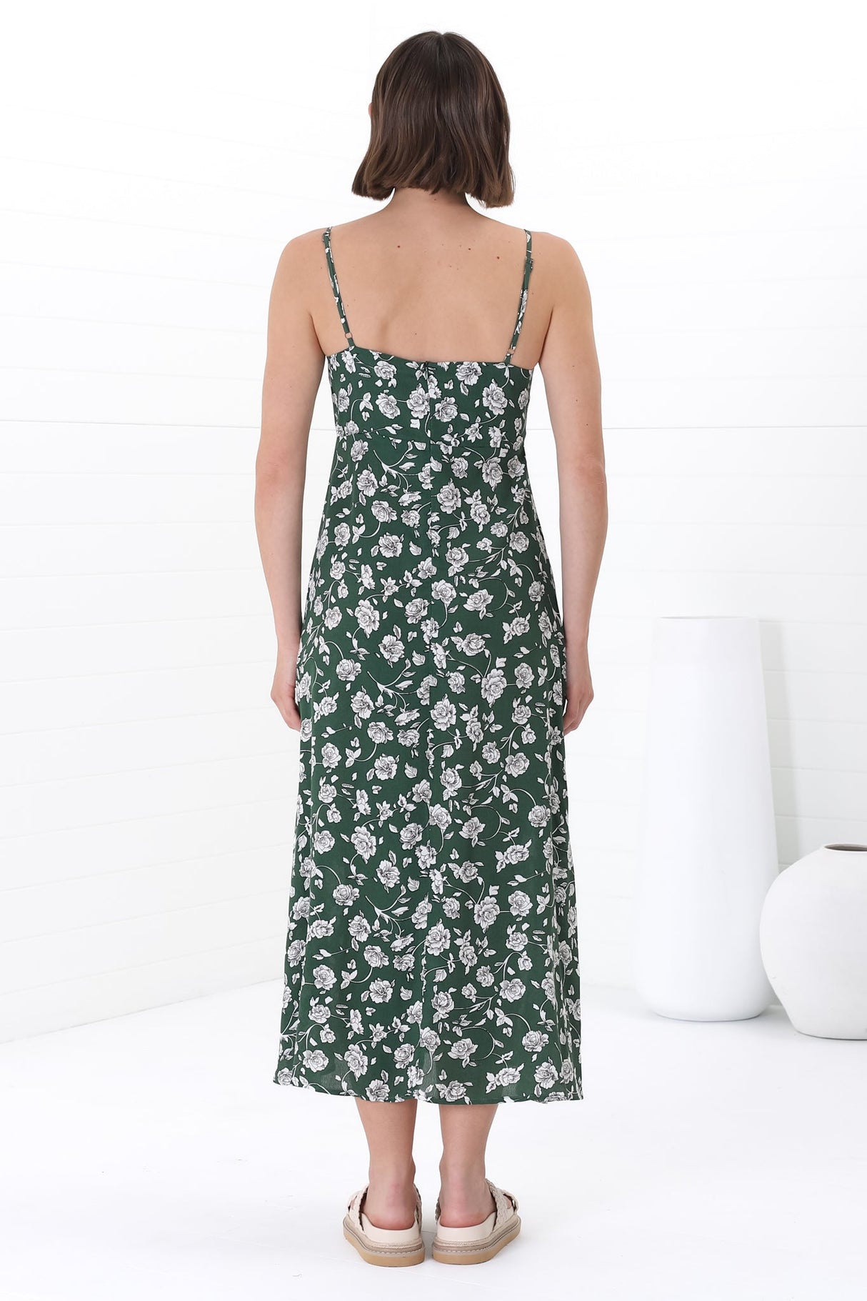 Serena Midi Dress - Pull Tie Bust Sweet Heart Neckline Sun Dress in Sabian Print Green