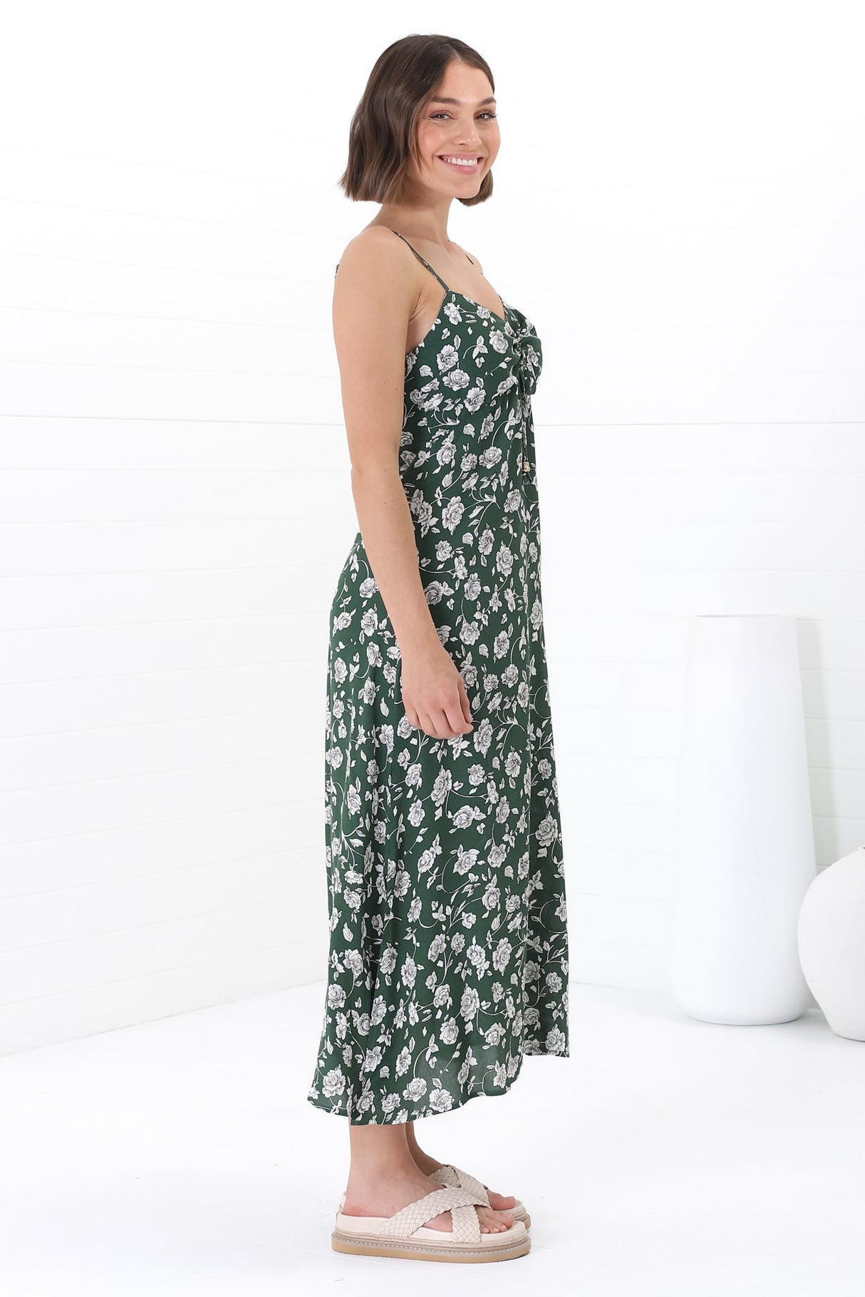 Serena Midi Dress - Pull Tie Bust Sweet Heart Neckline Sun Dress in Sabian Print Green