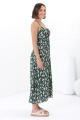 Serena Midi Dress - Pull Tie Bust Sweet Heart Neckline Sun Dress in Sabian Print Green