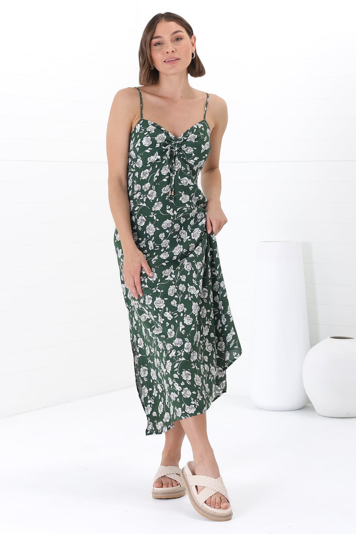 Serena Midi Dress - Pull Tie Bust Sweet Heart Neckline Sun Dress in Sabian Print Green