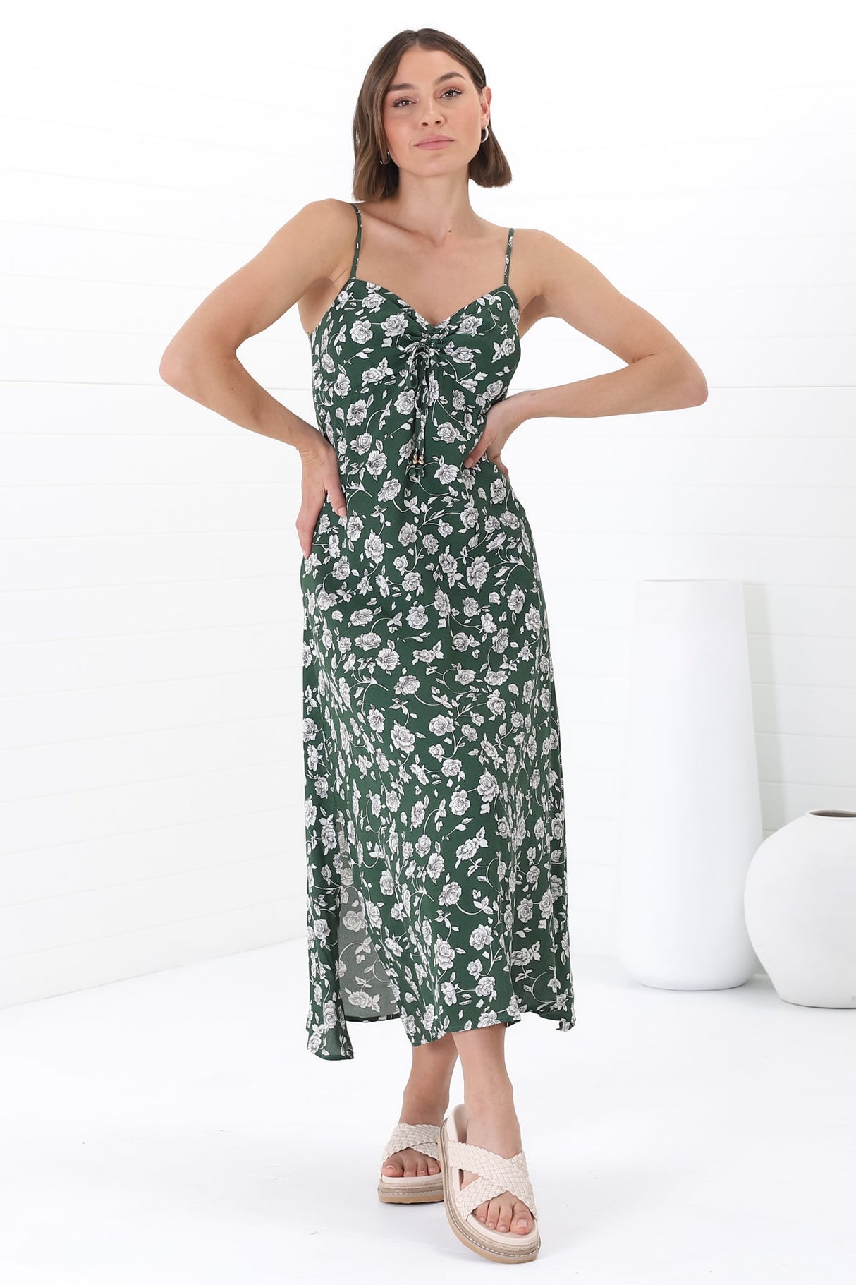 Serena Midi Dress - Pull Tie Bust Sweet Heart Neckline Sun Dress in Sabian Print Green