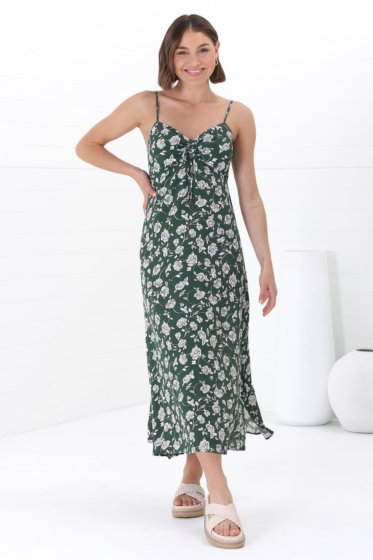 Serena Midi Dress - Pull Tie Bust Sweet Heart Neckline Sun Dress in Sabian Print Green