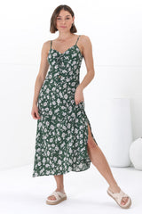 Serena Midi Dress - Pull Tie Bust Sweet Heart Neckline Sun Dress in Sabian Print Green