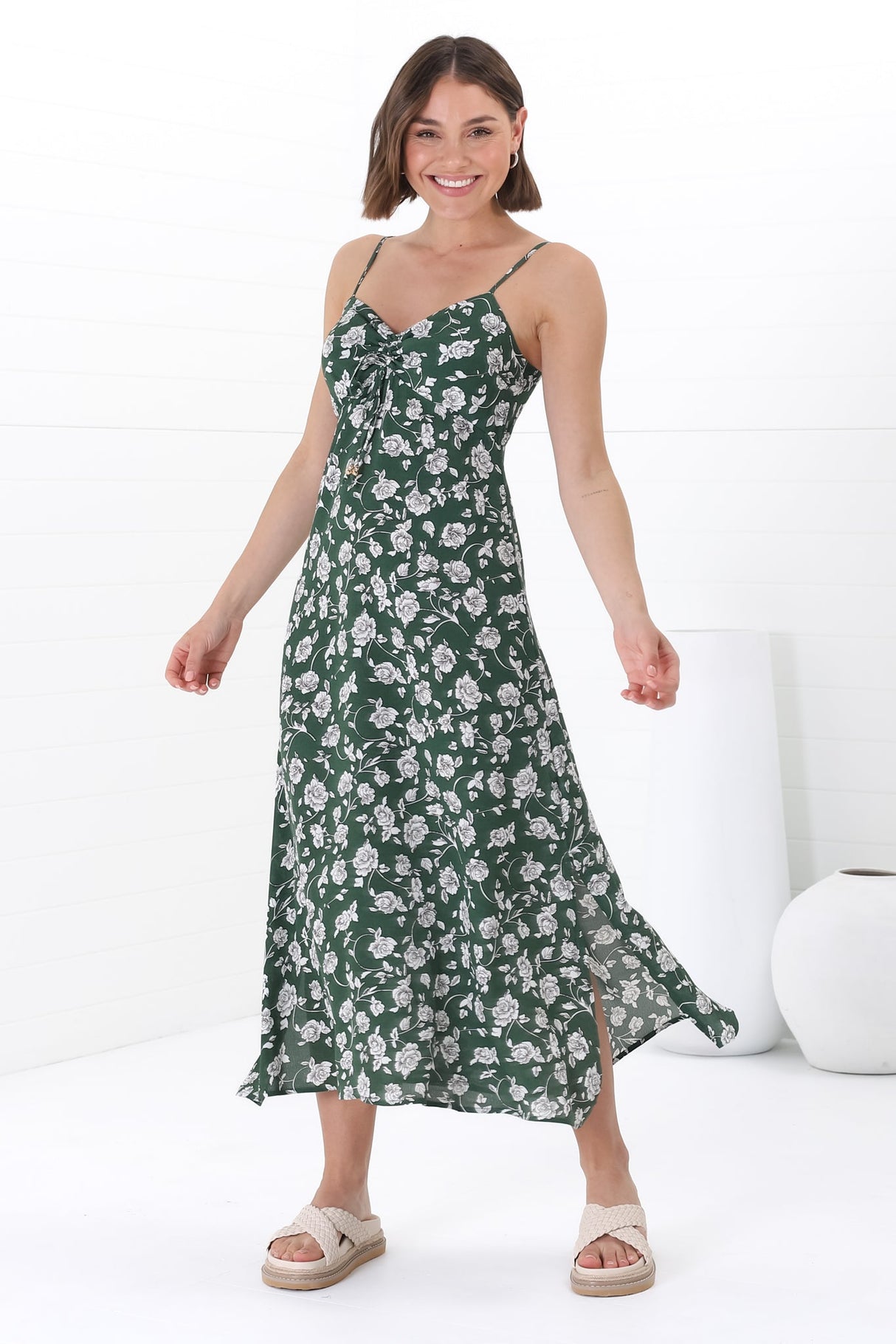 Serena Midi Dress - Pull Tie Bust Sweet Heart Neckline Sun Dress in Sabian Print Green