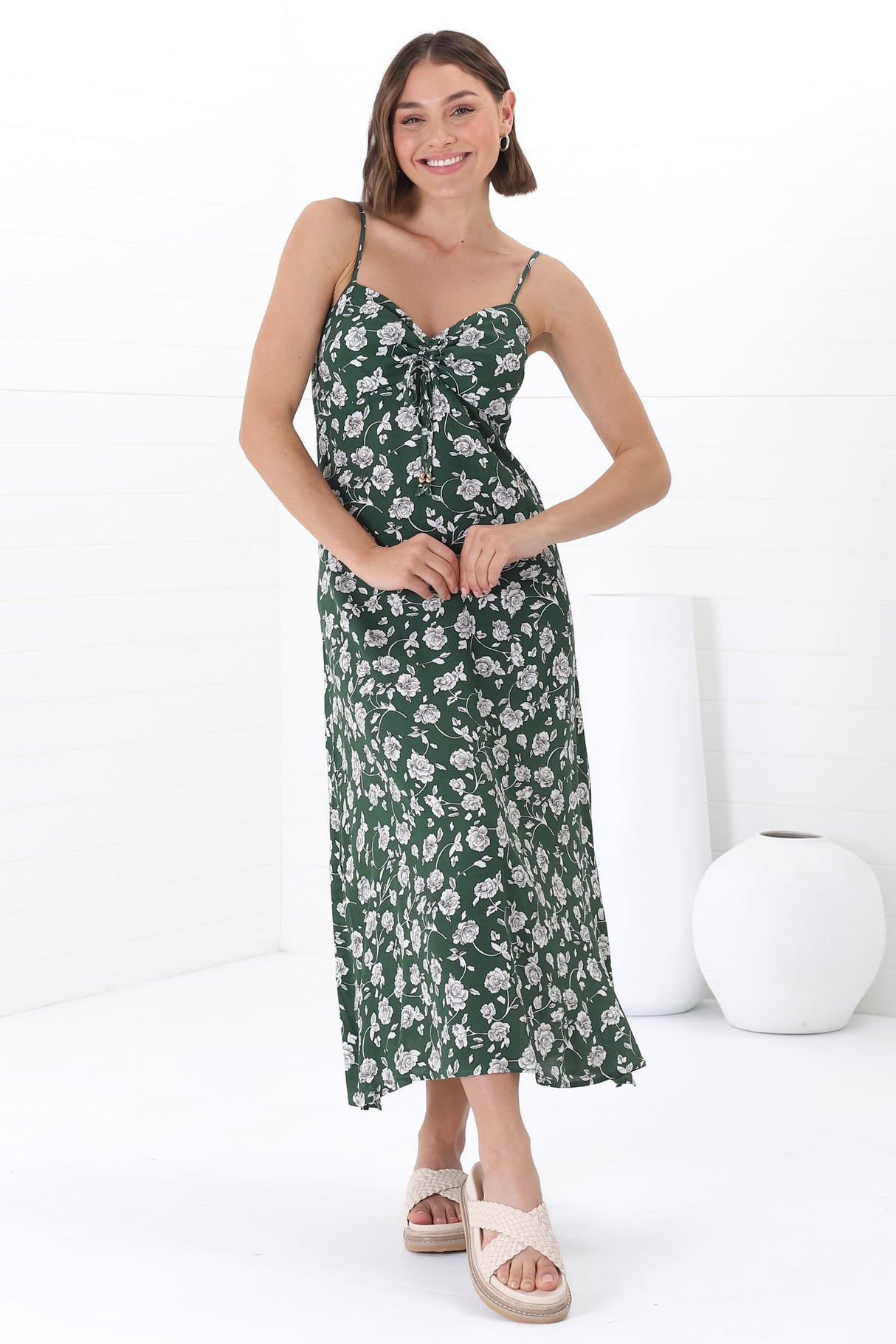 Serena Midi Dress - Pull Tie Bust Sweet Heart Neckline Sun Dress in Sabian Print Green