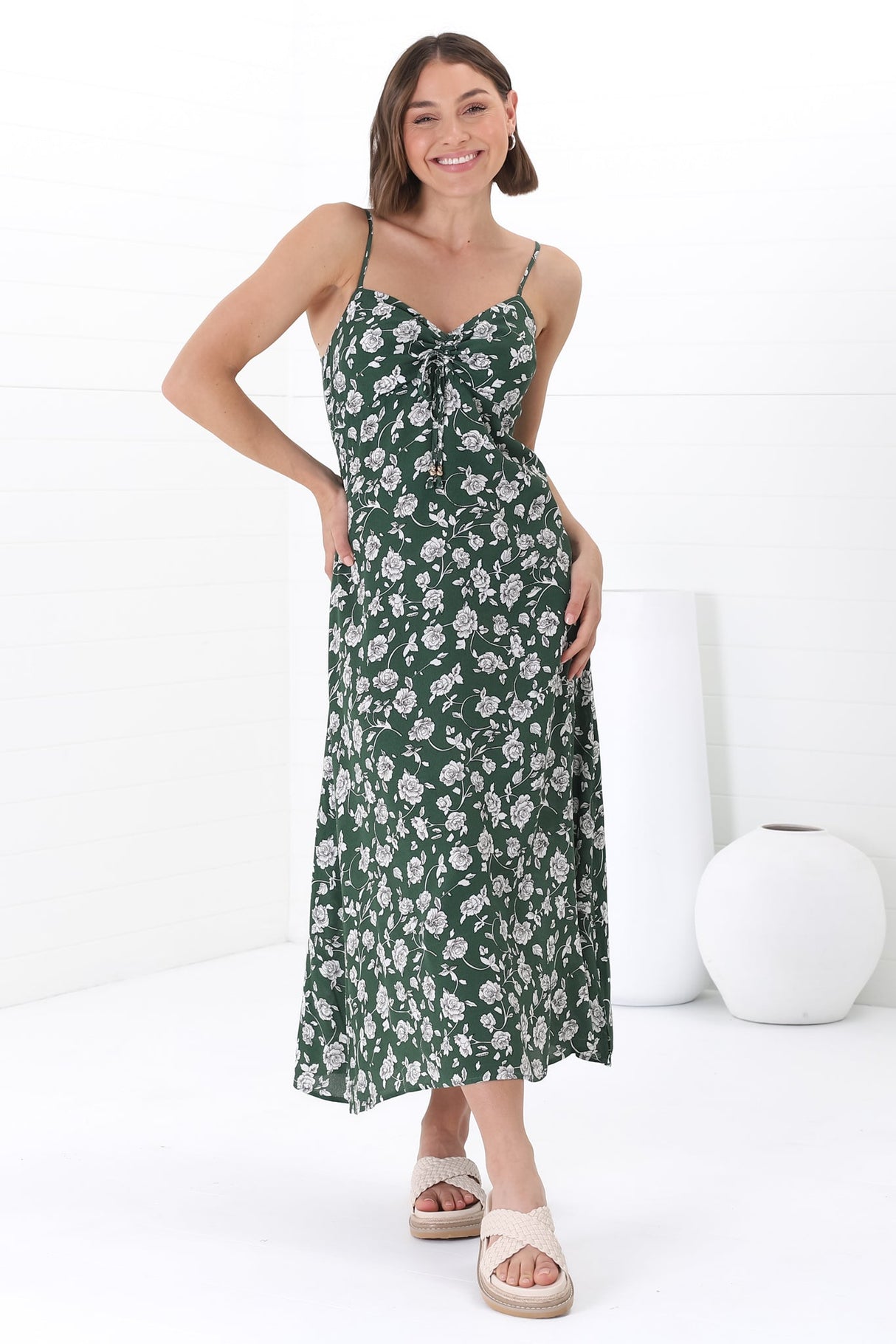 Serena Midi Dress - Pull Tie Bust Sweet Heart Neckline Sun Dress in Sabian Print Green