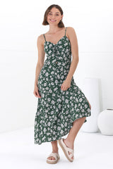 Serena Midi Dress - Pull Tie Bust Sweet Heart Neckline Sun Dress in Sabian Print Green