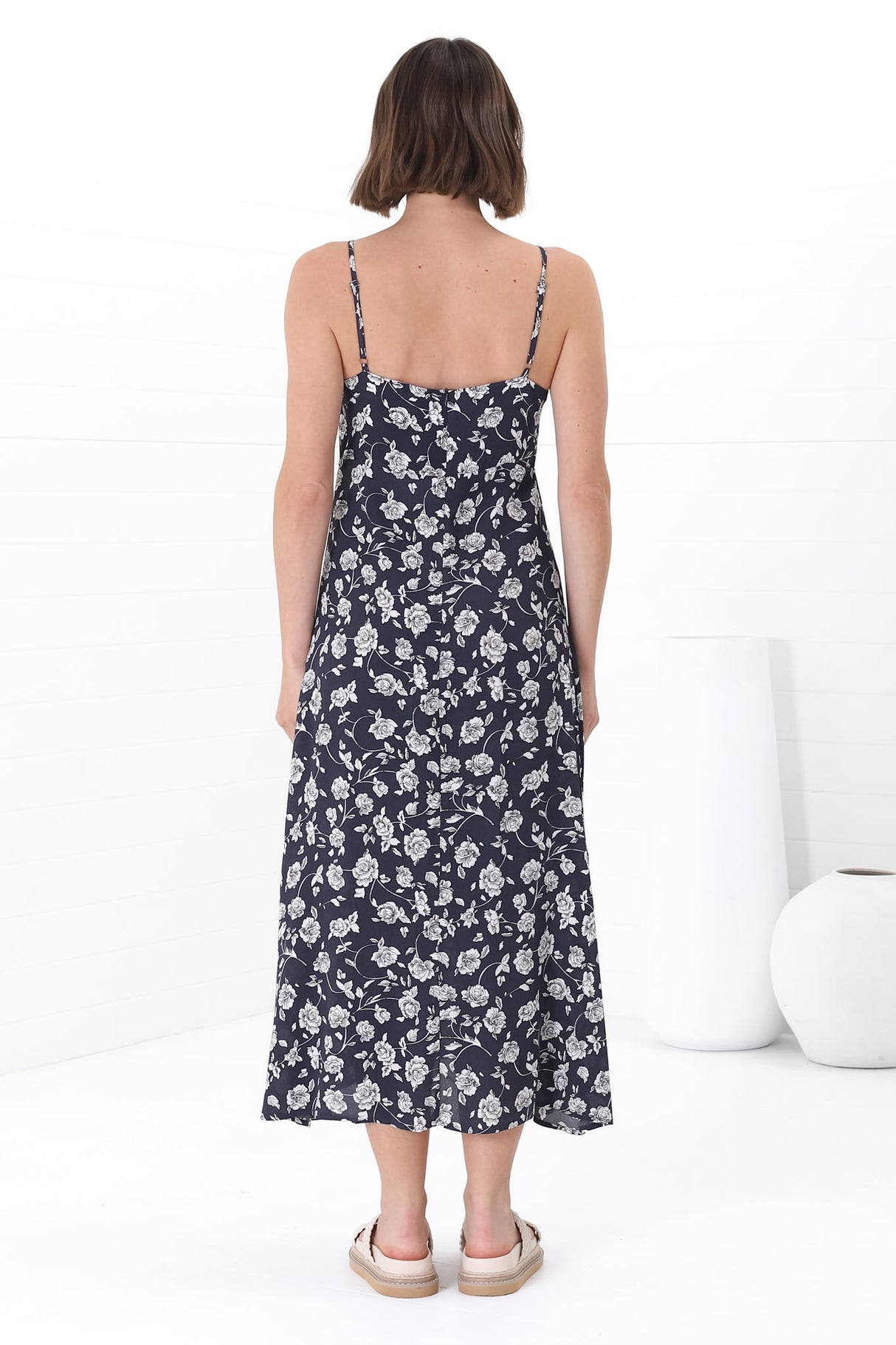 Serena Midi Dress - Pull Tie Bust Sweet Heart Neckline Sun Dress in Sabian Print Navy