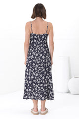 Serena Midi Dress - Pull Tie Bust Sweet Heart Neckline Sun Dress in Sabian Print Navy