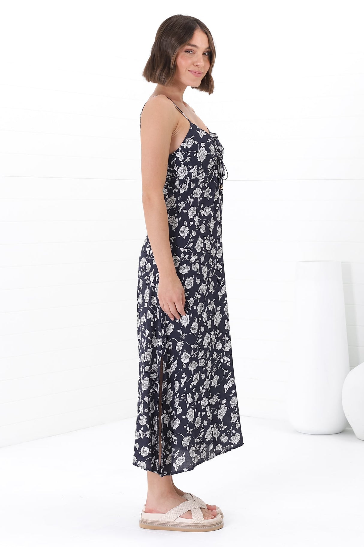 Serena Midi Dress - Pull Tie Bust Sweet Heart Neckline Sun Dress in Sabian Print Navy