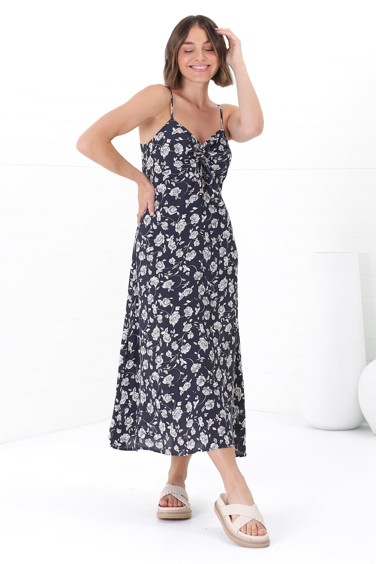 Serena Midi Dress - Pull Tie Bust Sweet Heart Neckline Sun Dress in Sabian Print Navy