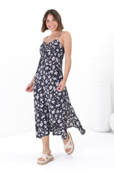 Serena Midi Dress - Pull Tie Bust Sweet Heart Neckline Sun Dress in Sabian Print Navy