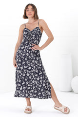 Serena Midi Dress - Pull Tie Bust Sweet Heart Neckline Sun Dress in Sabian Print Navy