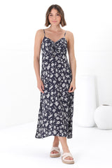 Serena Midi Dress - Pull Tie Bust Sweet Heart Neckline Sun Dress in Sabian Print Navy