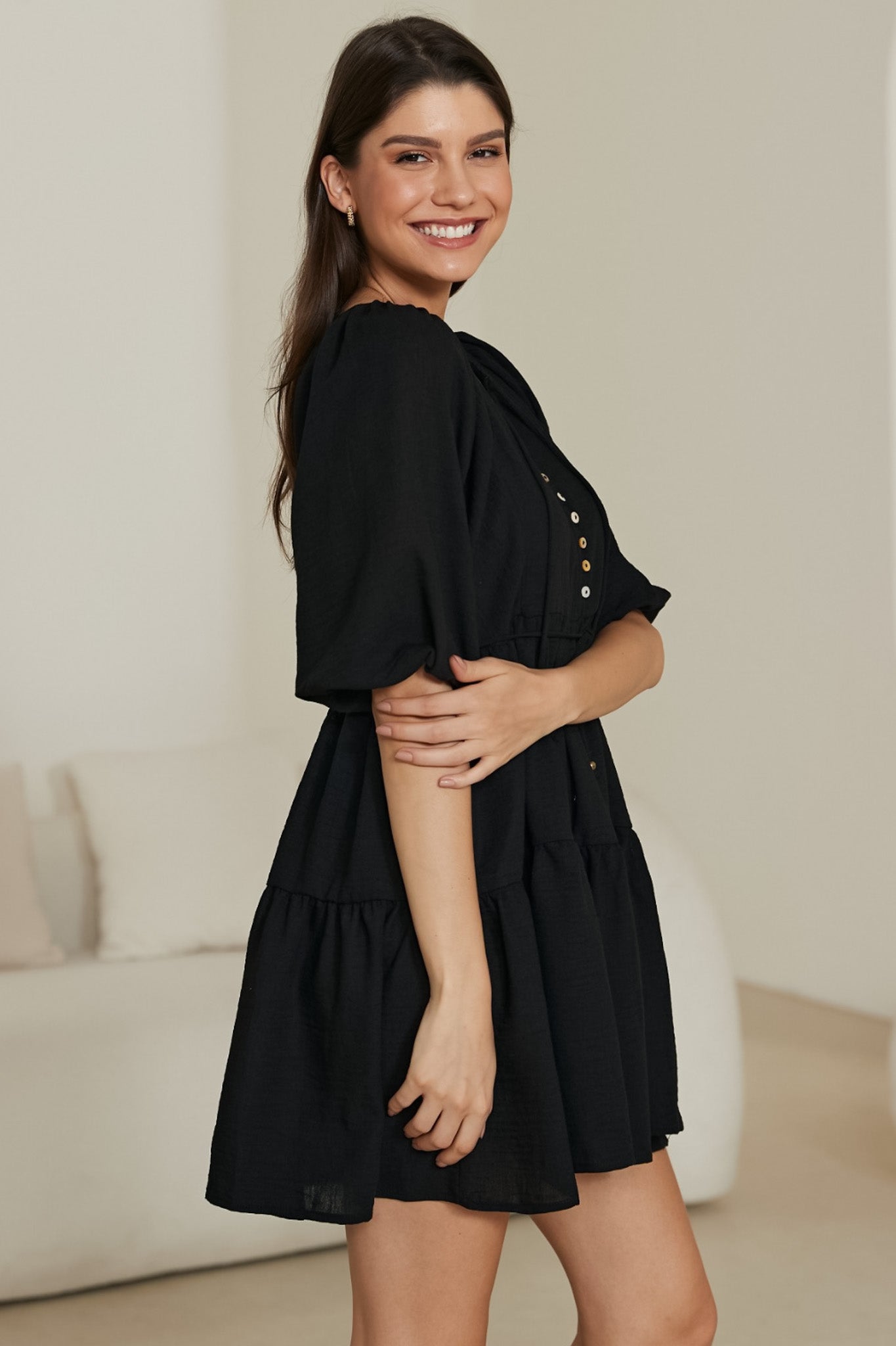 Serenie Mini Dress - Smock Dress with Billow Sleeves in Black