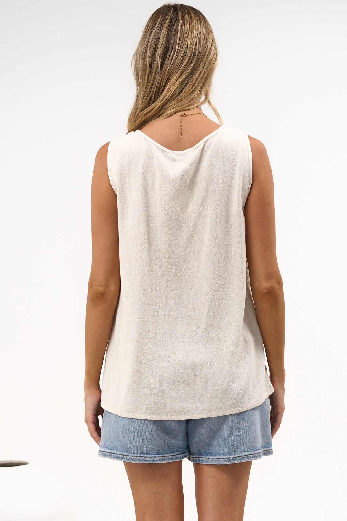 Arlete Top - V Neck Singlet with Lattice Detail Side Seams in Beige