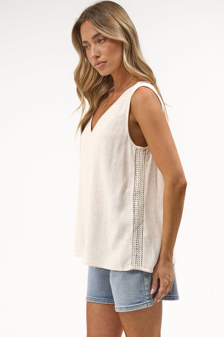 Arlete Top - V Neck Singlet with Lattice Detail Side Seams in Beige