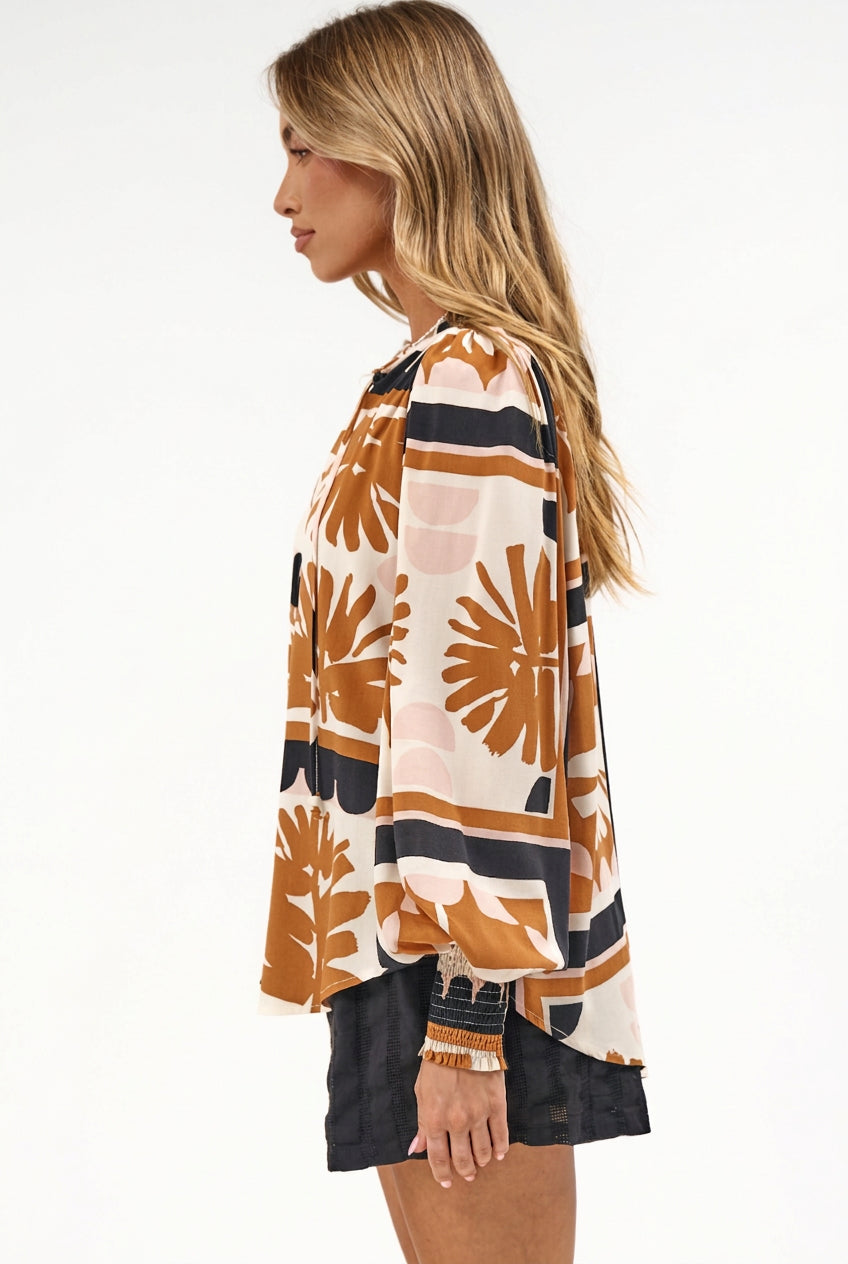 Violet Blouse - Frill Collar Button Down Balloon Sleeve Blouse In Zuni Print