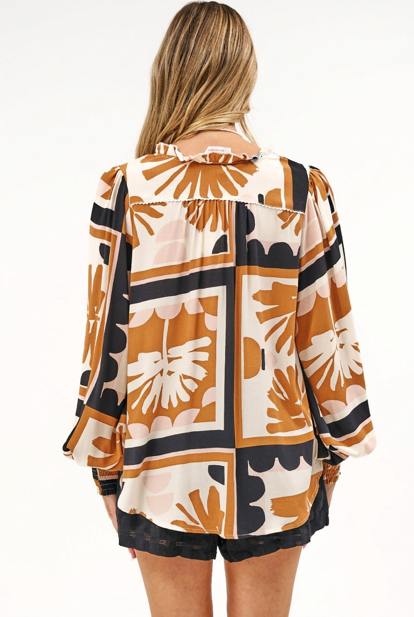 Violet Blouse - Frill Collar Button Down Balloon Sleeve Blouse In Zuni Print