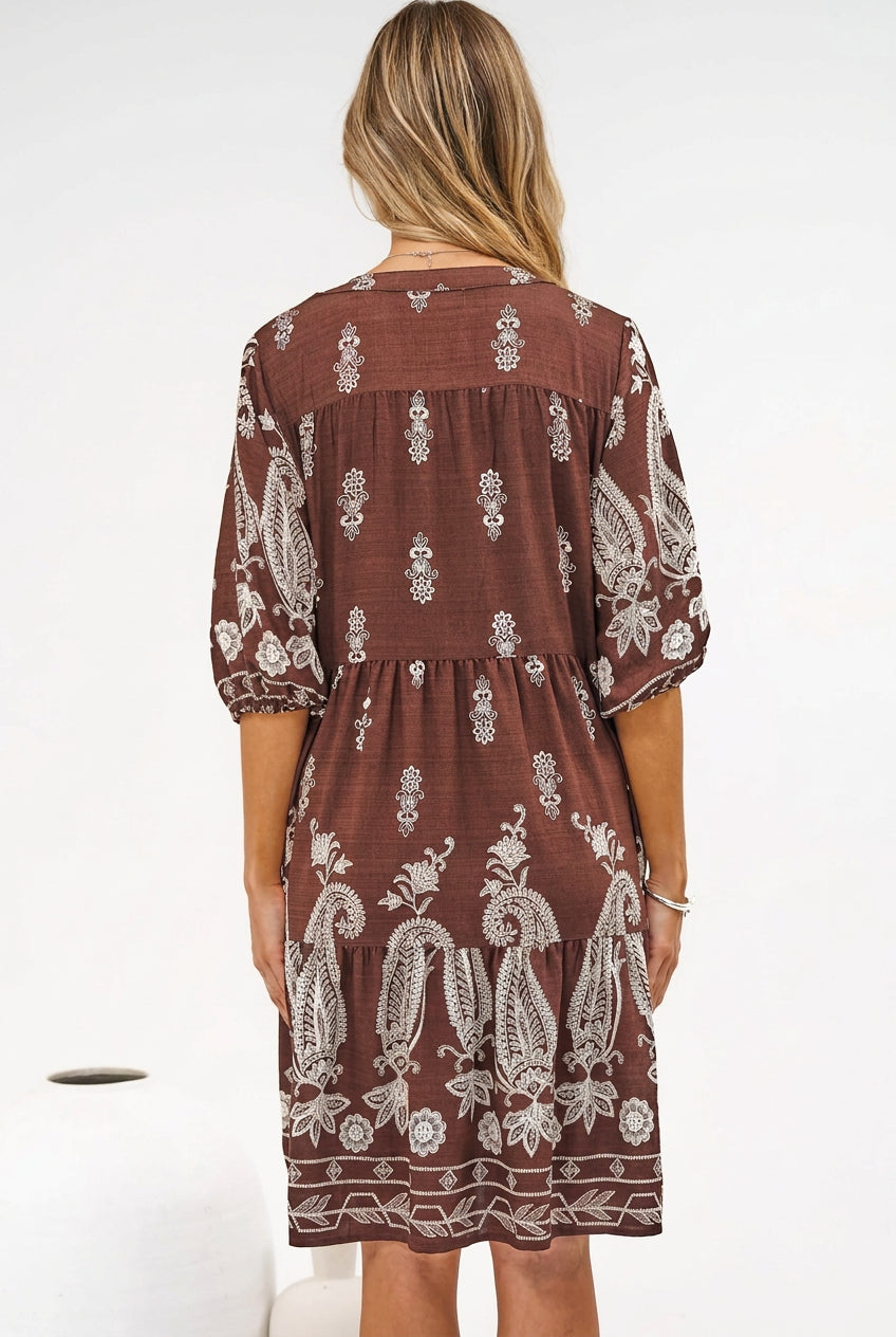 Sorrento Mini Dress - V-Neck Shift Dress with Balloon Sleeves in Houston Print